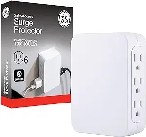 Ge Pro 6-Outlet Extender, Surge Protector, Side Access, Wall Tap Adapter, 3-Prong, 1200 Joules, Warranty, Ul Listed, White, 10353