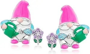 Ross-Simons 0.15 Ct. T.W. Multi-Gemstone Garden Gnome Earrings With Multicolored Enamel In Sterling Silver