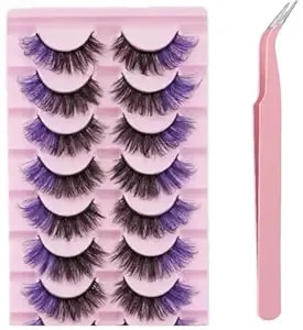 False Eyelashes Reusable Natural Look Easy Daily Use Voluminous Lashes For Party Perfect For Makeup Hypoallergenic +Pink Tweezers (Purple+Black)