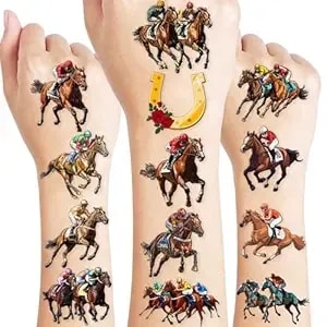 96 Pcs Kentucky Derby Pre Cut Temporary Tattoos - Run For The Roses Horse Racing Fake Tattoos For Kids & Adults, Birthday Party Favors, Supplies & Classroom Prizes