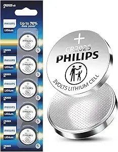Philips cr2025 3v Lithium Coin Cell Battery 5 Pack, 10-Year Shelf Life, Leak-Proof Design, Child-Safe Packaging Works With Key Fobs, Scales & Home Electronics