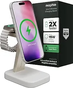 Mophie 2-In-1 Wireless Charging Stand - qi2-Certified, Magsafe Charger For Iphone & Apple Watch – Fast Charging Station With Adjustable Phone Stand & Cable Management – Up To 15w Power
