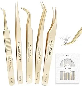 Nagaraku Professional Eyelash Extension Tweezers, Precision Tip Stainless Steel Lash Tool Straight & Curved For Individual & Volume For Salon & Personal Use, 5 Pcs Tweezers Set Easy Fanning With Case