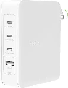 Belkin 4-Port Charger Block 140w, Gan Charger Usb-C Power Delivery Fast Charge & Usb-A Port - Macbook, Apple Iphone 17, Air, Ipad, Samsung Galaxy s25, Google Pixel 10, Nintendo Switch 2 & More - White