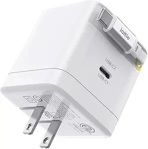 Basix By Iottie 65w Gan Wall Charger With Built-In Retractable Usb-C Cable And Extra Usb-C And Usb-A Ports, Triple Device Fast Charging, Compact Travel Charger With Folding Prongs