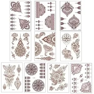 10 Pcs Henna Tattoo Kit Temporary Tattoo Adul Stickers Lace Pattern Fake Tattoos Henna Sticker For Women Girls Diy On Body Face Arms Legs Brown