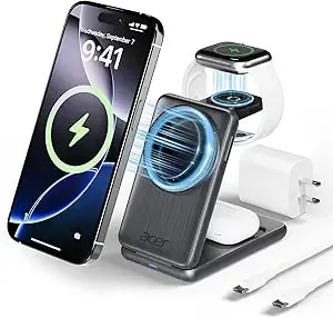 Acer 3 In 1 Charging Station For Apple Device, Magnetic Wireless Foldable Fast Charger Stand Compatible With Magsafe For Iphone, Apple Watch & Airpods, Foldable Charging Dock For Desk s3