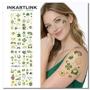 Inkartlink 8 Pcs Shamrock Temporary Tattoos Bulk Set, 60 Unique St. Patrick’S Day Designs, Waterproof Lucky Clover Irish Party Tattoo Stickers For Parade, Costume, Decorations & Party Favors.