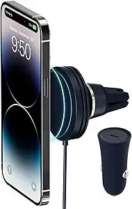 Iottie Velox Mini Magsafe Compatible Air Vent Car Mount In Midnight Blue With Wireless Charging. Compatible With Magsafe Iphones Including Iphone 12/13/14/15/16/17 Series (Car Charger Included)