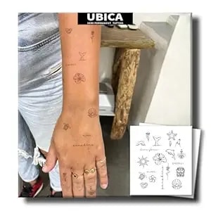 Semi Permanent Tattoo, Tropical Tiny Temporary Tattoo Designs(Shells, Starfish, Turtles, Dolphin, Hibiscus), Waterproof & Non-Reflective, Lasts 1–2 Week, For Vacation, Party, Festival