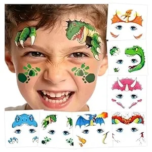 Partywind Dinosaur Face Temporary Tattoos For Kids, Waterproof Tattoo Stickers For Boys Girls Dinosaur Party Decorations Supplies Favors, Birthday Goodie Bag Stuffers Games