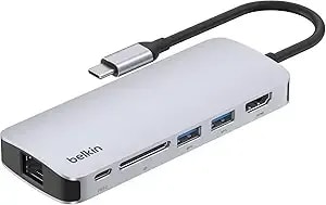 Belkin Usb-C Hub - 6-In-1 Multi-Port Adapter Dock With 4k Hdmi, Usb-C 100w Pd Pass-Through Charging, 2x Usb-A Ports, Gigabit Ethernet Ports, And Sd Slot For Macbook Pro, Air, Ipad, Pro, Xps And More