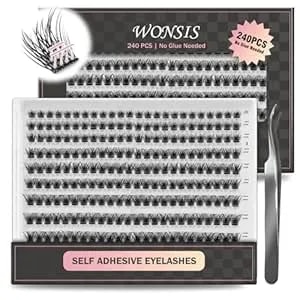 Self Adhesive Eyelashes, 240 Pcs Self Adhesive Eyelash Clusters, No Glue Needed, Invisible 2-Strip Tape - Longer Lasting, No Sticky Residue Pre-Glued Eyelashes (Wispy-Mixed)