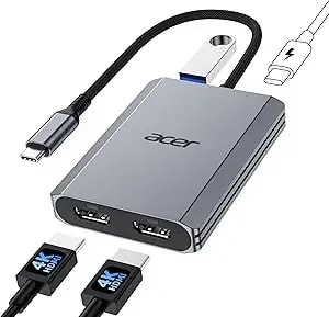 Acer 4-In-1 Usb C Hub, Type C To Dual Hdmi Adapter 4k@60hz, Hdmi Splitter For Dual Monitors With 100w Pd Port, Usb 3.0, Dual Monitor Adapter Compatible With Acer, Xps, Hp, Macbook Neo/Air/Pro(0.65ft)