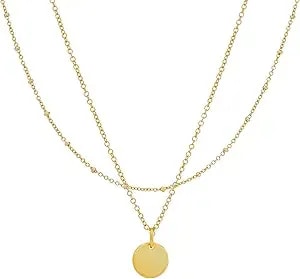 Amazon Essentials 14k Gold Plated Necklace Set Of 2 - Beaded Chain, Disc Pendant - Dainty Hypoallergenic Necklaces For Women