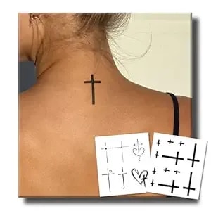 Cross Semi Permanent Tattoo, 2 Sheets Realistic Christian Temporary Tattoo For Women Men Adults, Symbolic Minimalist Lines Tattoos For Finger Arm, Lasts 1-2 Weeks, Waterproof & Non-Reflective