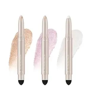 Noerrors 3colors Glitter Eyeshadow Brightener Stick Set, Champagne&Pink&Pearl White Sparkle Cream Eyeliner&Eye Shadow Pencil With Brush, Waterproof Silky Smooth Shimmer Metallic Eye Highlighter Makeup