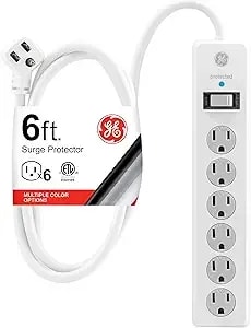 Ge Surge Protector Power Strip, 6 Ft Extension Cord, 6 Outlet Extender, 800 Joules, Flat Plug, Twist-To-Close Safety Covers, Etl Listed, White, 67051