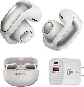 Bose Ultra Open Bluetooth Earbuds, True Wireless Earbuds With Openaudio For Awareness, Clip On Design For Comfort, Immersive Audio, Up To 48 Hrs Of Playtime + 20w Wall Charger (Smoke White)