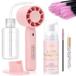 Emeda Lash Shampoo Kit 2.02 Fl Oz Lash Cleaning Kit With Rechargeable Fan Dryer/Brush/Rinse Bottle, Oil-Free Cleanser Wash For Extensions & Clusters & Natural Eyelashes, Cleaner For Eyelash Care