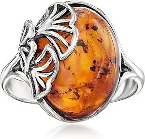 Ross-Simons Amber Ginkgo Leaf Ring In Sterling Silver