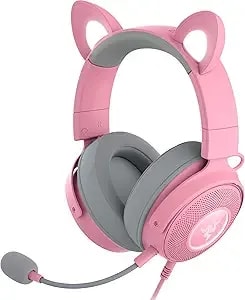Razer Kraken Kitty v2 Pro Wired Rgb Headset: Interchangeable Ears (Kitty, Bear, Bunny) - Stream Reactive Lighting - Detachable Hyperclear Cardioid Mic - 50mm Drivers - 7.1 Surround Sound - Quartz Pink