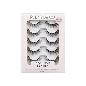 Dreamy Doll Eye dd004, False Eyelashes, Premium Faux Mink, Black, Reusable, Lightweight, Soft Cotton Band, 5 Pairs - Ruby Vibe Co