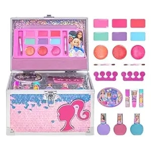 Barbie Makeup Set For Kids Girsl With Train Case, Includes Nail Polish, Lip Gloss And More, Kids Makeup Kit For Girls, Play Makeup, Party Favor, Birthday, For Kids Ages 3+, By Townley Girl