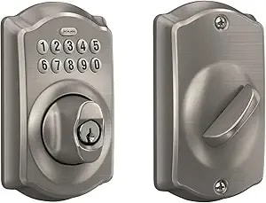 Schlage Camelot Electronic Keypad Deadbolt Lock, Keyless Front Door Entry, Mechanical Key Backup Included, Satin Nickel, be365 V Cam 619