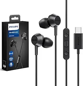 Philips Usb C Earbuds Wired With Microphone, In Ear Type C Headphones With Mic, Powerful Bass, Lightweight, Usb-C Wired Earphones, 3-Button In-Line Remote Ear Buds (Black)