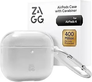 Zagg Case With Carabiner For Airpods 4 – Wireless Charging Compatible Protective Cover – 360° Drop, Dust & Scratch Protection, Durable Silicone Design, Clear