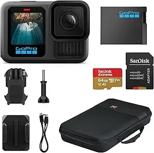 Gopro hero13 Black Waterproof Action Camera With Enduro Battery, 5.3k Hdr Video, 27mp Photos, Hypersmooth Stabilization, Live Streaming, Webcam, 64gb Sd Card, Eva Case Bundle, 1-Year Warranty