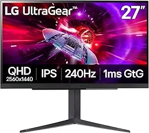 Lg 27gr83q-B 27-Inch Ultragear Qhd (2560x1440) Ips Gaming Monitor, 240hz, 1ms, Displayhdr 400, G-Sync Amd Freesync Premium, Hdmi 2.1 Displayport, 4-Pole Hp Out Dts Gp:X, Tilt/Height/Pivot Stand, Black