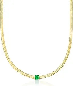 Ross-Simons 14kt Yellow Gold-Plated Herringbone Necklace With Simulated Green Gemstone. 18 Inches