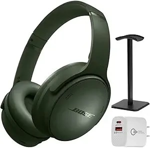 Bose Quietcomfort Headphones - Wireless Bluetooth Headphones, Active Over Ear Noise Cancelling And Mic, Deep Bass Bundle + Desktop Headphone Stand + Green Extreme Dual Wall Charger (Cypress Green)