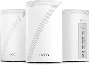 Tp-Link Deco 7 Pro be63 Tri-Band Wifi 7 be10000 Whole Home Mesh System - 6-Stream 10 Gbps, 4x2.5g Ports Wired Backhaul, 4x Smart Internal Antennas, Vpn, Homeshield, Free Expert Support (3-Pack)