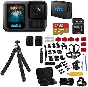 Gopro hero13 Black Waterproof Action Camera With 5.3k60 Video, 27mp Photos, Enduro 1900mah Battery, 64gb Sandisk Microsd Card, 47-Piece Accessory Kit, 1-Year Warranty