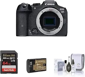 Canon Eos r7 Mirrorless Camera Body, 32.5mp Aps-C Cmos Sensor, 4k60 Video, Dual Pixel Cmos Af Ii, Ibis, Wi-Fi/Bluetooth, Bundle W/ 64gb Card, Filter Kit, Extra Battery, 1-Year Warranty