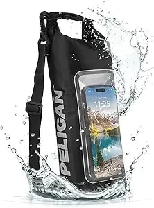Pelican Marine ip68 Waterproof Dry Bag 2l - Roll Top Waterproof Backpack W/Phone Case/Pouch - Boating & Kayak Accessories - Essentials For Camping Swimming Beach Fishing Rafting Travel - Black