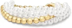 Martha Stewart Four-Strand Pearl Bracelet - 9mm Iridescent Glass Pearls & Gold Balls - 7 Inch Chain Length W/Easy-Clasp Design - Elegant & Timeless Pearl Jewelry For Women