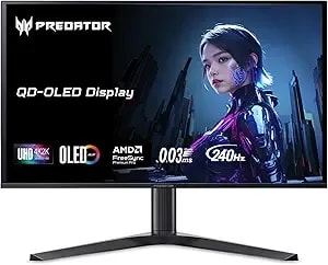 Acer Predator 27" Gaming Monitor - 4k Uhd 3840x2160 Qd-Oled - Amd Freesync Premium Pro - 240hz - 0.03ms (G To G) - True Black 400 - Usb Type-C, 2 X Display Port 1.4 & 2 X Hdmi 2.1 - x27 x1bmiippruzx
