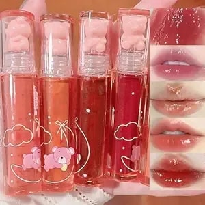 4 Colors Bear Lip Glaze Jelly Lip Gloss, Hydrating Liquid Lipstick Cute Bear Lipgloss Moisturizing Lip Stain Plumping Water Lip Gloss Waterproof Long Lasting Cheek Rouge Tint Makeup