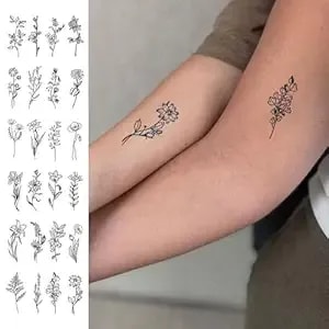 Semi Permanent Temporary Tattoo For Adults, 24pcs Minimalist Floral Flowers Leaf Small Tiny Finger Hand Neck, Waterproof Realistic Fake Stickers, Long Lasting 7-14 Days Body Art