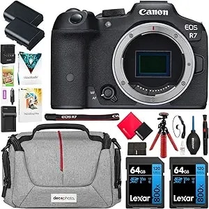 Canon Eos r7 Mirrorless Aps-C Interchangeable Lens Camera - Official Canon Usa Partner Model - Body 5137c002 Bundle With Deco Gear Photography Bag + 2x Battery + 2x 64gb Memory Cards + Accessories Kit