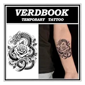 Waterproof Temporary Tattoos: 2-Sheet Tattoo Kit With Realistic Body Stickers, Semi-Permanent Tattoos For Adults Lasting 7-15 Days – Safe For Men & Women, Dragon & Rose Pattern
