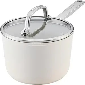 Kitchenaid Hard Anodized Ceramic Induction Nonstick Cookware Saucepan With Lid, Dishwasher Safe, 2 Quart Non Stick Sauce Pan With Stainless Steel Handle - Porcelain White