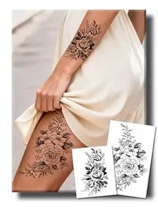 Semi Permanent Tattoos, 2 Sheets Realistic Large Thigh Temporary Tattoo For Women Adult, Fake Tattoos For Arms Calves Waist, Waterproof, No Reflective, Lasts 1 Weeks(Sexy Floral Rose Tattoo)