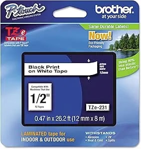 Brother tze231 Laminated Labeling Tape, For Tz Models, 1/2-Inch, Black/White