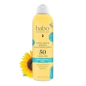 Babo Botanicals Super Shield Mineral Sunscreen Spray Spf 50 With Zinc Oxide & Titanium Dioxide. Sensitive Skin, Vegan, Fragrance-Free, Water Resistant, Air-Powered Spray - For All Ages.